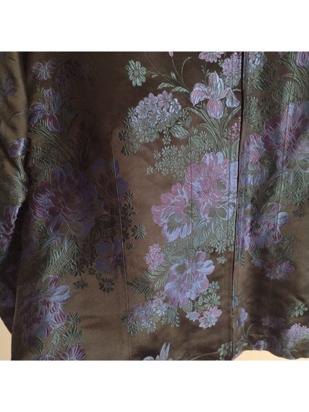 Chicos Silk Blend Brocade Jacket L Dark Blue Floral on Black Zip Blazer Sz 2 - Picture 4 of 12